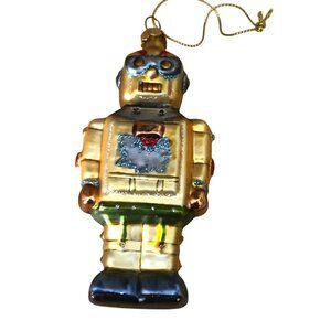 Y2K Vintage Cody Foster Robot Blown Glass Christmas Ornament Gold Silver